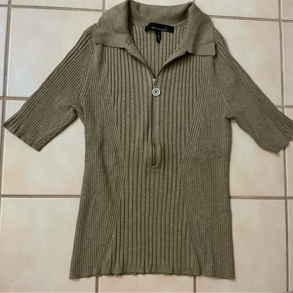 White House Black Market  Elbow-Sleeve Ribbed Half-Zip Sweater Top Sz S Brown